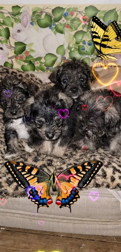 Cute puppies with butterflies on a cozy bed.