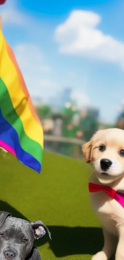 Adorable puppies with a pride flag in a sunny outdoor setting.