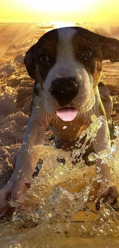 Playful puppy splashes in golden ocean waves at sunset on a beach.