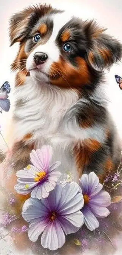 Charming puppy surrounded by butterflies and flowers in a detailed illustration.