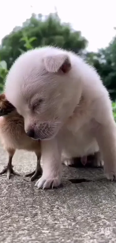 Cute puppy and chick in nature setting with lush greenery in the background.