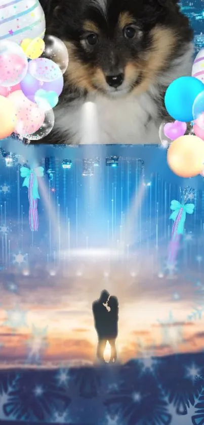 Whimsical wallpaper with puppy, balloons, and couple against a blue dreamscape.