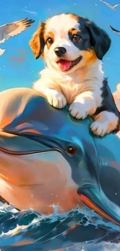 Cute puppy rides a dolphin over ocean waves.
