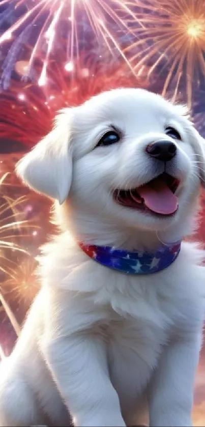 White puppy with fireworks background.