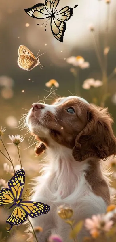 Puppy looking at butterflies in a flower field.
