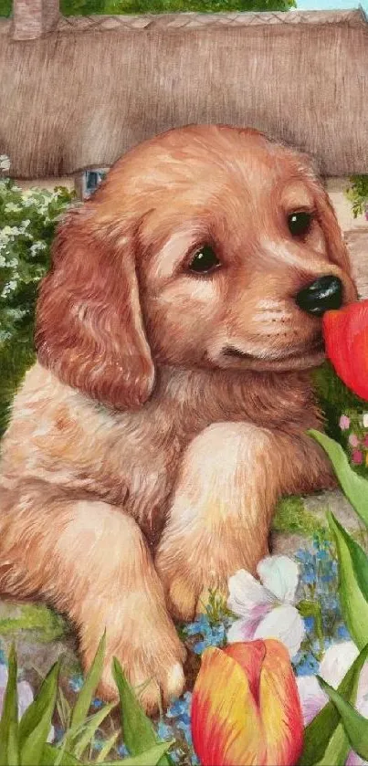 Cute puppy in a vibrant flower garden by a cottage.