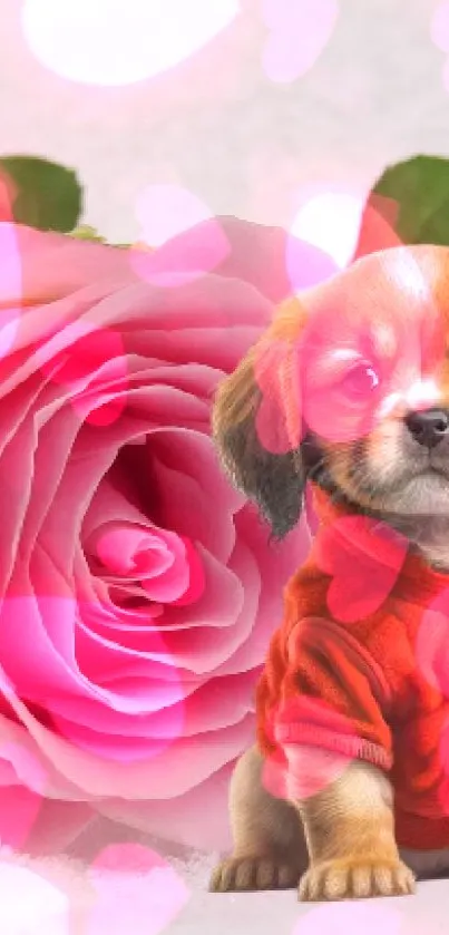 Cute puppy in sweater with pink rose on snow.