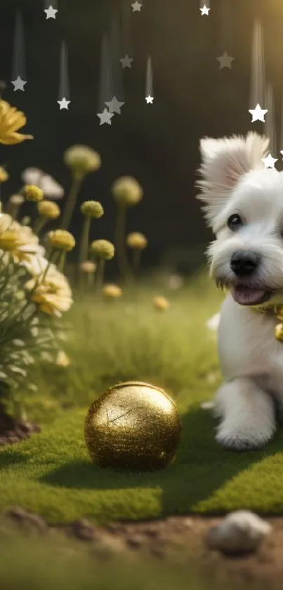 Puppy laying in sunlit field with flowers and golden ball.