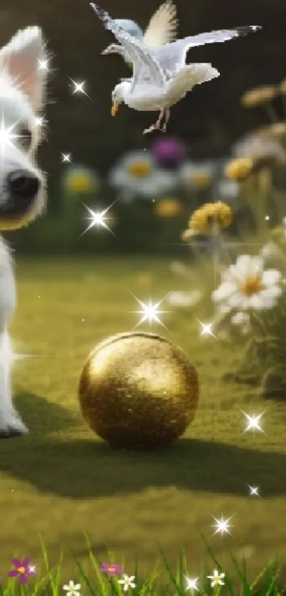 Cute puppy in a sunny flower-filled meadow with a golden ball.