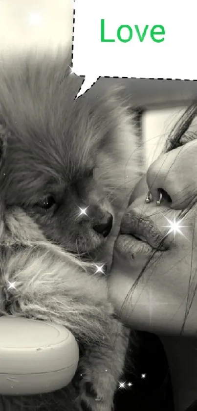 Black and white image of a woman kissing a fluffy puppy labeled 'Love'.