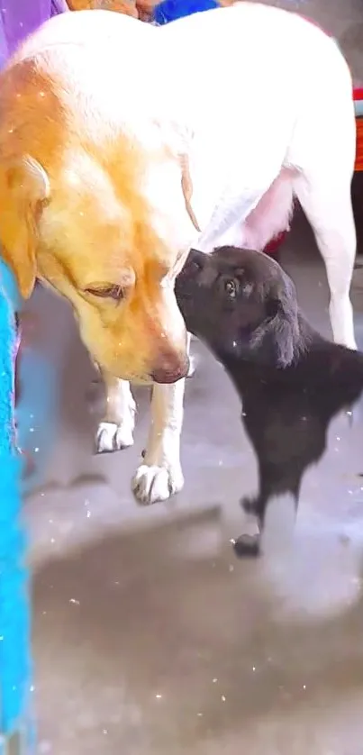 Cute dog and puppy sharing a tender moment.