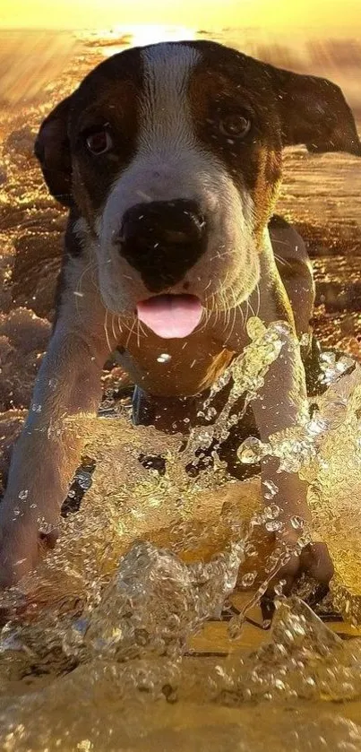 Playful puppy splashing in golden beach waves under the sun.