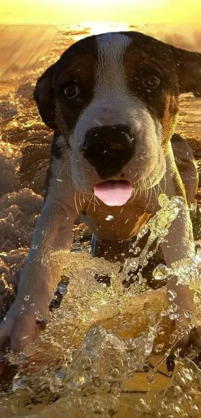 Puppy splashing in water with sunset background.