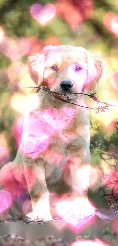 Golden retriever puppy with heart bokeh effect.