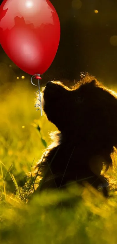 Puppy in a field looking at a red balloon.