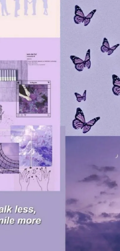 Collage wallpaper with purple tones and butterflies.