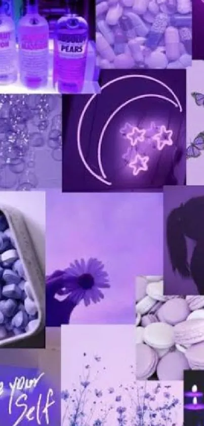 Purple aesthetic collage wallpaper for mobile phones.