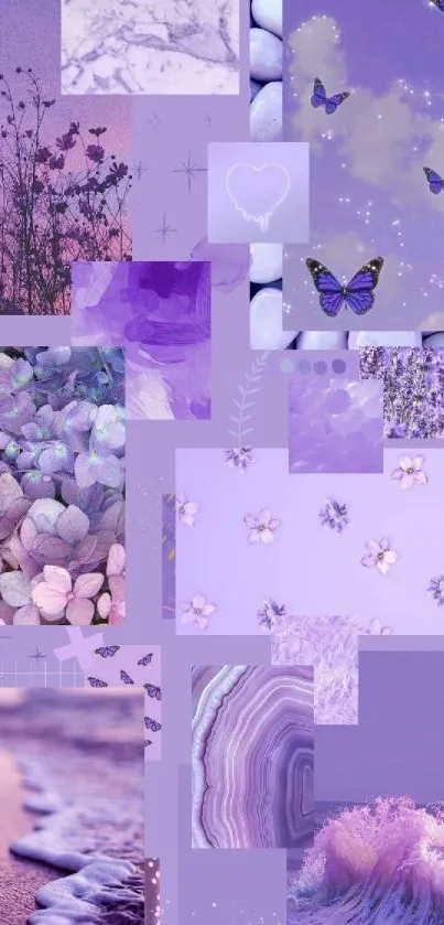 Purple aesthetic collage with butterflies and flowers.