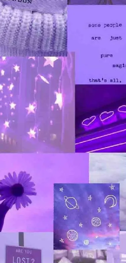 Purple aesthetic collage wallpaper with stars, flowers, and quotes.