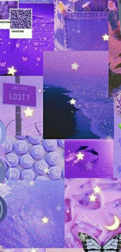 Purple aesthetic collage with stars and flowers.