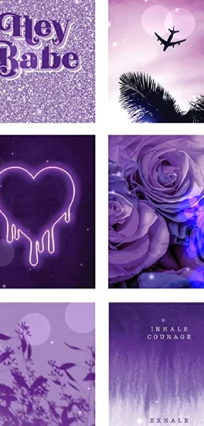 Purple themed aesthetic mobile wallpaper with varied artistic designs.