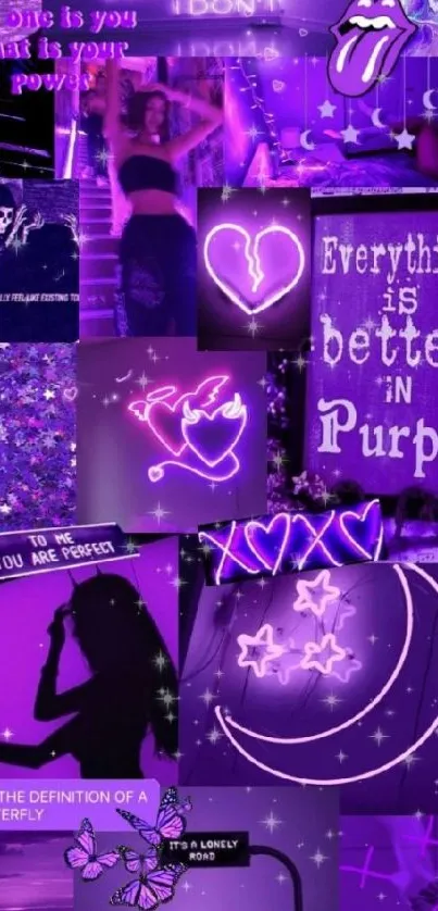 Purple neon collage wallpaper with aesthetic quotes and designs.