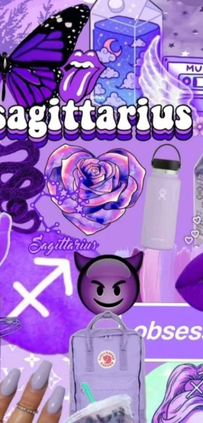 Purple collage Sagittarius wallpaper with zodiac symbols and trendy elements.