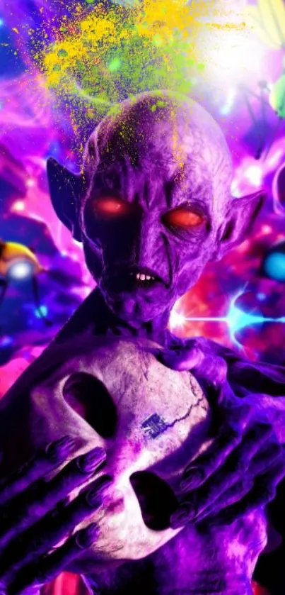 Purple alien holding a skull in a vibrant cosmic scene with fantasy elements.