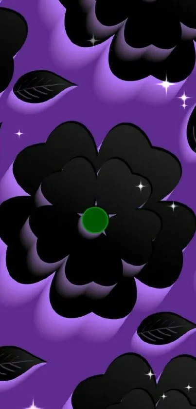 Black flowers on a vibrant purple background with leaf accents.