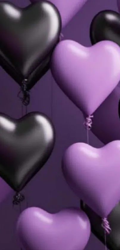 Purple and black heart-shaped balloons wallpaper for mobile.