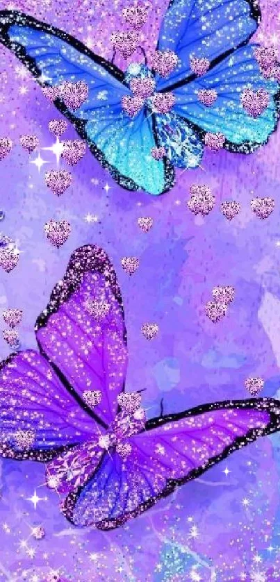 Purple and blue butterflies with sparkles on a mystical background.