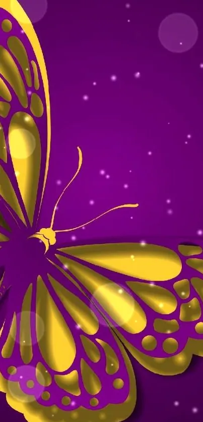 Purple and gold butterfly art on mobile wallpaper.