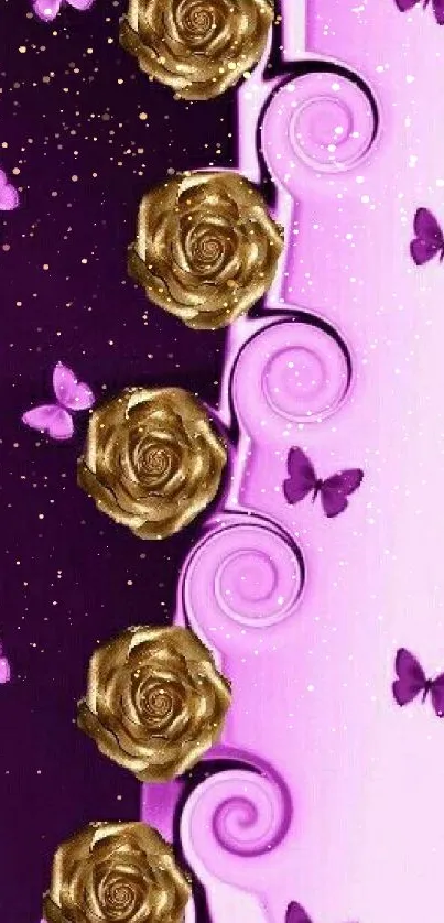 Purple and gold wallpaper with roses and butterflies.