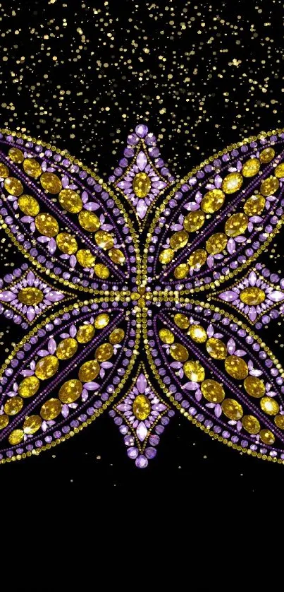 Elegant jewel pattern wallpaper with purple and gold hues.