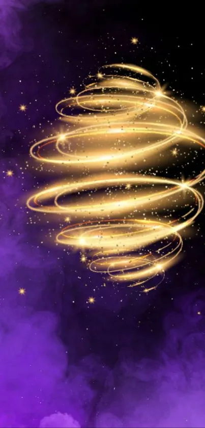 Gold spiral on a purple starry background.