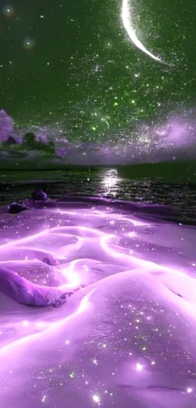 Purple cosmic beach with starry green sky and crescent moon.