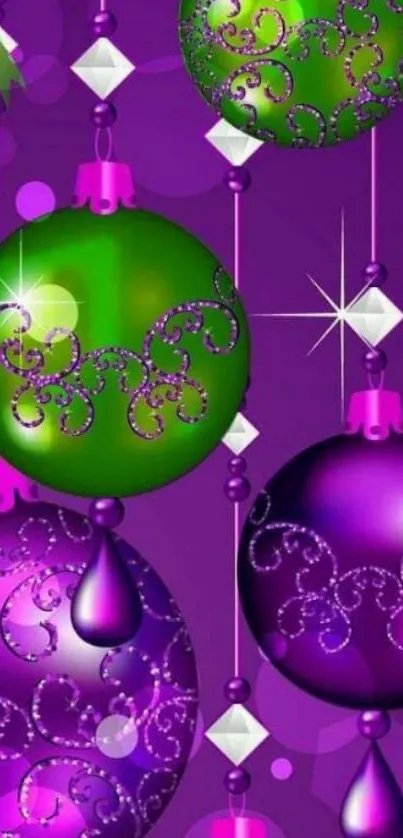 Festive wallpaper with purple and green ornaments on a violet background.