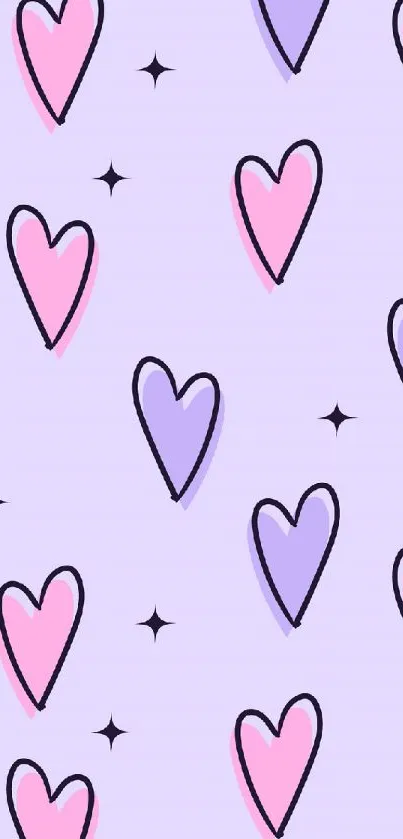 Mobile wallpaper with pink and purple hearts and black stars.