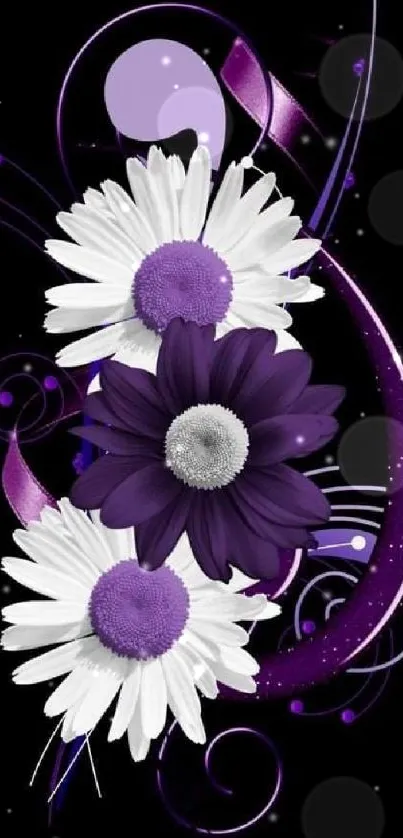 Purple and white floral design on black background mobile wallpaper.