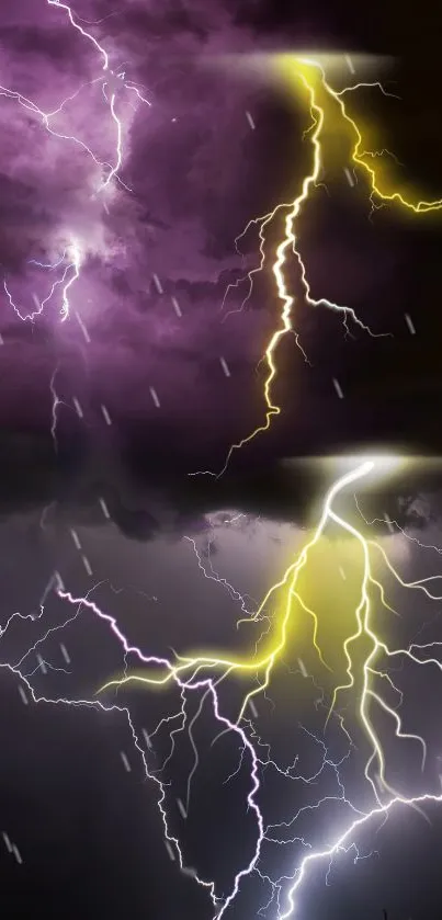 Vibrant purple and yellow lightning in storm clouds.