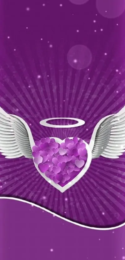 Purple heart with wings and halo on vibrant background.