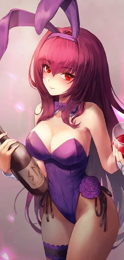 Purple-haired anime girl in bunny outfit holding wine.