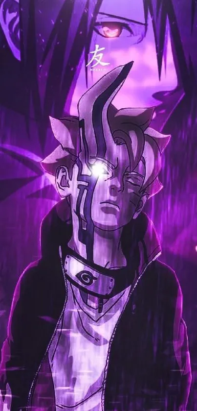 Anime character with purple and glowing eyes in a dramatic scene.