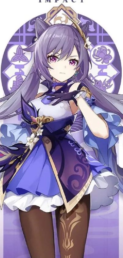 Purple-themed anime character with intricate, vibrant design on mobile wallpaper.