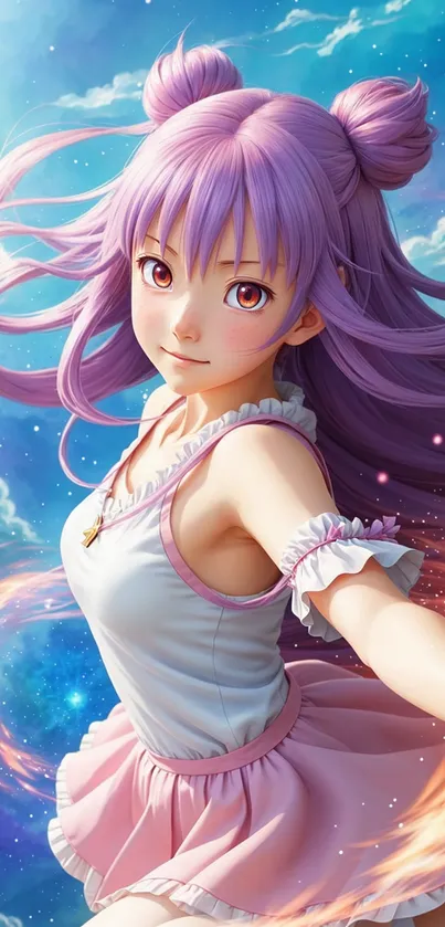 Anime girl with purple hair in a vibrant sky background.