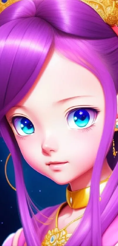 Purple-haired anime princess with a crown and blue eyes on a cosmic background.