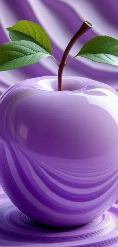 Purple apple with green leaves on a textured background.