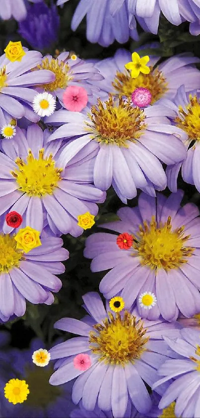 Close-up of vibrant purple aster flowers with yellow centers.