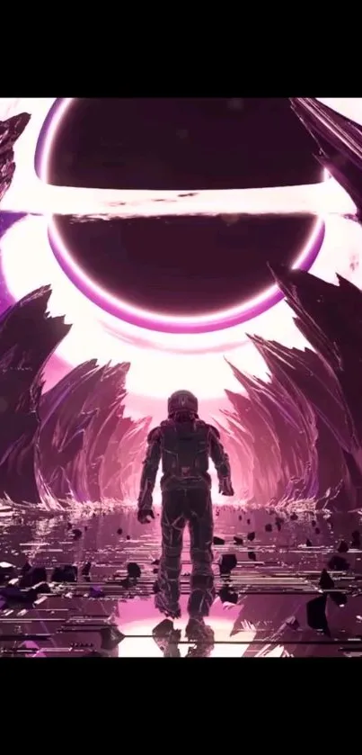 Astronaut in a surreal purple space landscape with a dark planet in the sky.