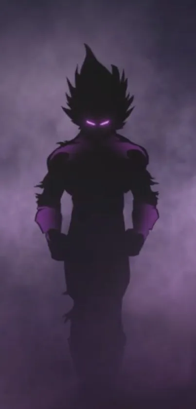 Silhouette of a mysterious figure with a purple aura on a dark background.